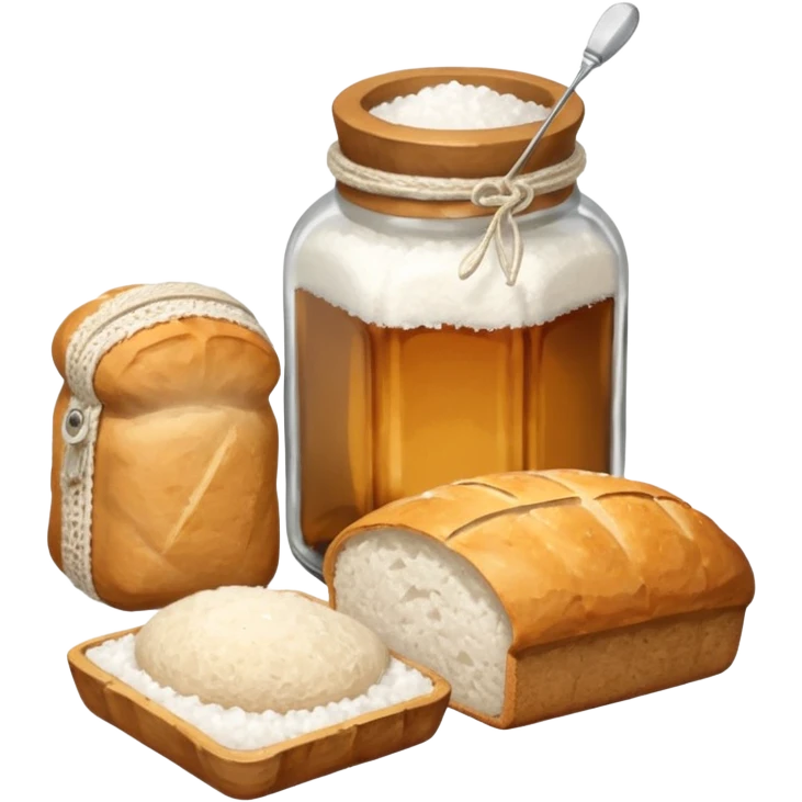 a one victorian bottle of salt and a loaf of bread - a bread bag, crochet needles and a ball of wool emoji