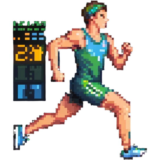 Pixelated athlete running with oxygen level indicator above head, fitness measurement emoji