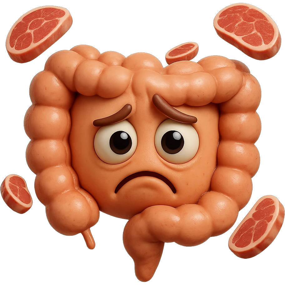 emoji stile iphone in 3d di un intestino triste con fette di carne che gli fluttuano intorno, gli occhi falli con la parte bianca pure, iperrealistico 4k emoji
