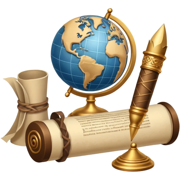 An icon featuring an ancient scroll, a quill pen, and a globe, symbolizing the study of history. The design includes a timeline with significant historical events, with ruins in the background to evoke past civilizations. Transparent background emphasizes the exploration of human history emoji