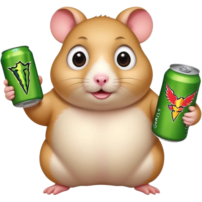 Funny cartoon-style fat hamster with big wide eyes  holding a can of monster energy in one hand and redbull in the other hand emoji