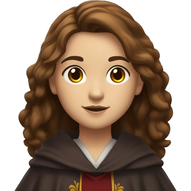12 year old girl with brown hair past her shoulders with blueish grayish eyes wearing a gryffindor robe emoji