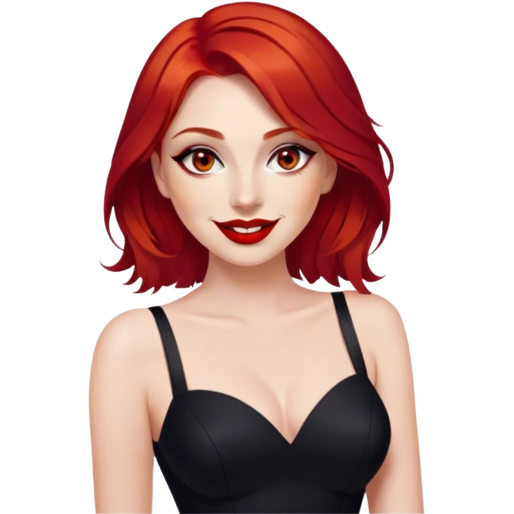 a woman with red hair and red eyes. The woman wear a black little cutted dress. She have red lipstick and she have a seductive look and smile emoji