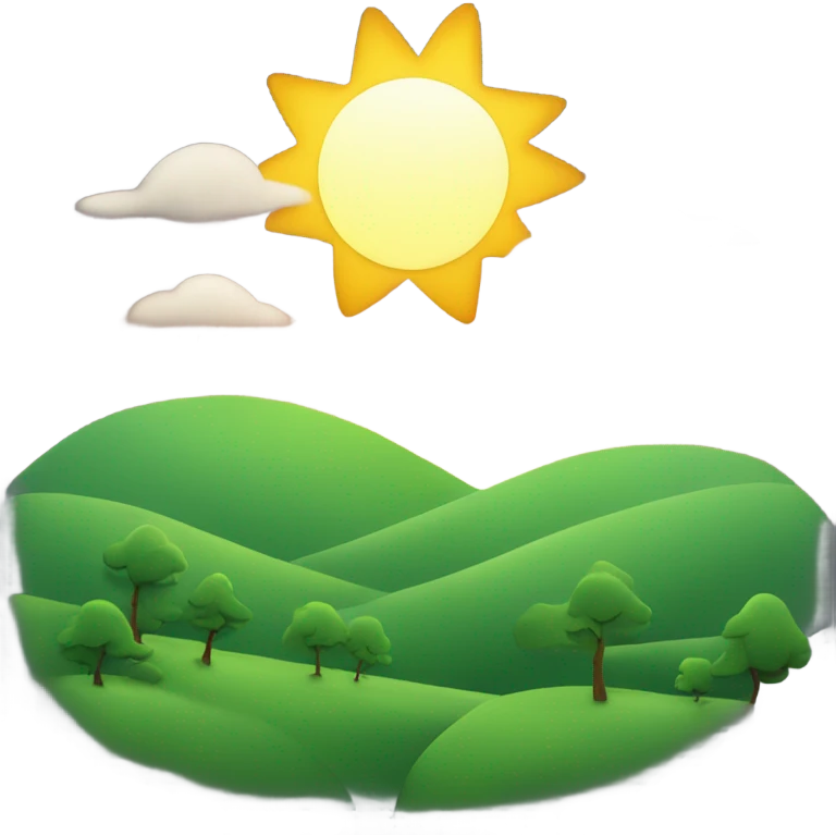 Cartoon sun coming up over a green hill with trees emoji