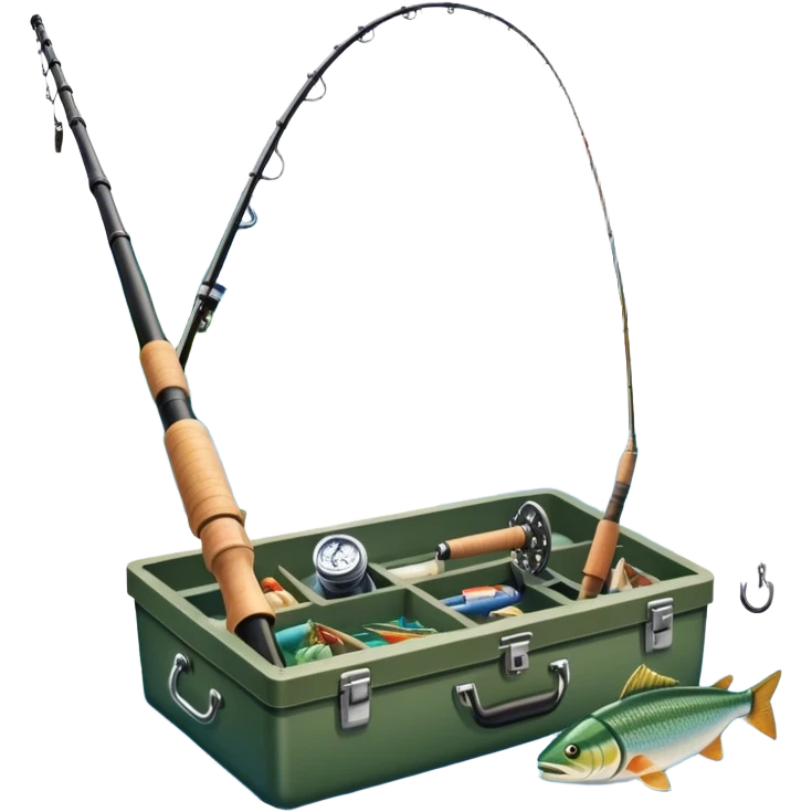 Icon for Fishing Travel: a fishing rod, tackle box and a boat on a calm lake surrounded by mountains and lush greenery, with fish jumping out of the water. The icon should capture the peaceful and adventurous nature of fishing trips. Transparent background. emoji