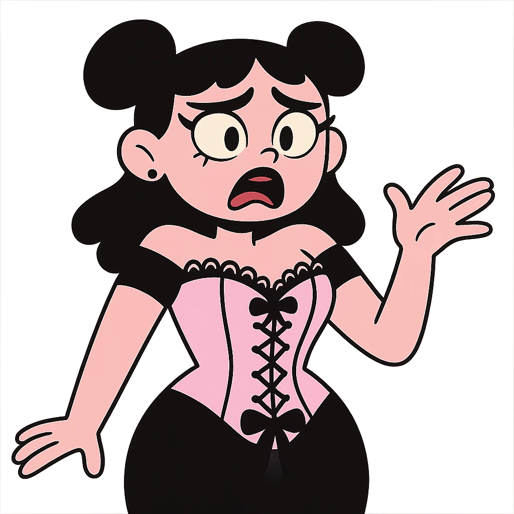 pastel goth corset, pastel pink and black, lace details, cute and dramatic emoji