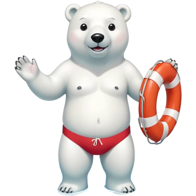 full body friendly anthropomorphised polar bear smiling, wearing colorful swim shorts and swim goggles, standing in a small pool of water, holding a red and white life buoy emoji