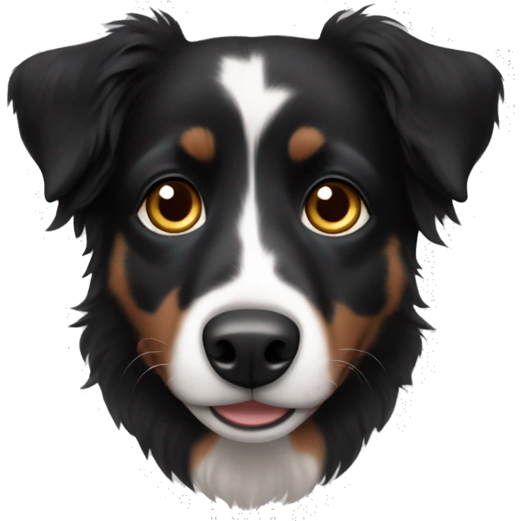 Small black australian shepherd dog with dark brown eyes and black face emoji