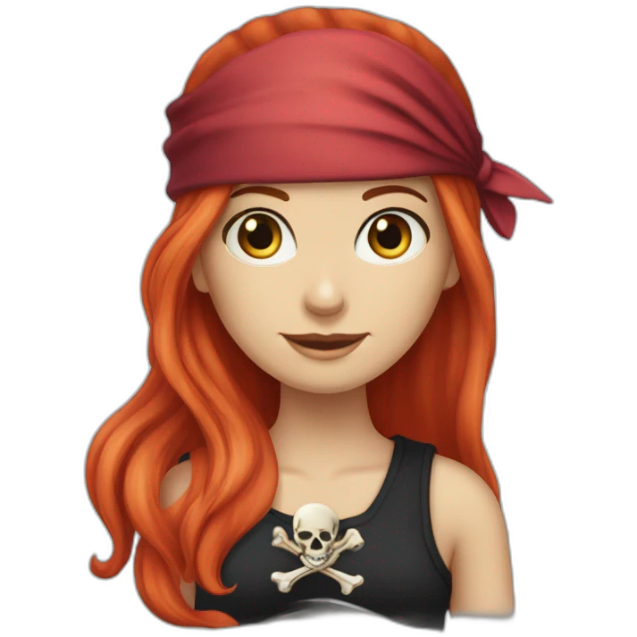 Woman long red platted hair hair only on one side of head, pirate hat. One side of head has no hair. Blue eyes. skull and crossbones t shirt emoji
