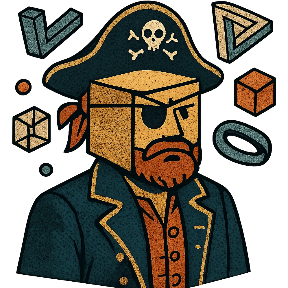 pirate captain with cube-shaped head, surrounded by floating geometric shapes and impossible objects, surreal bold comic style, no text emoji