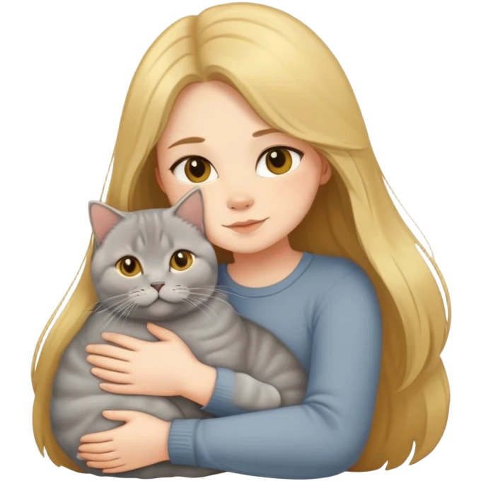 A long-haired girl hugs a Golden Shaded British shorthair emoji