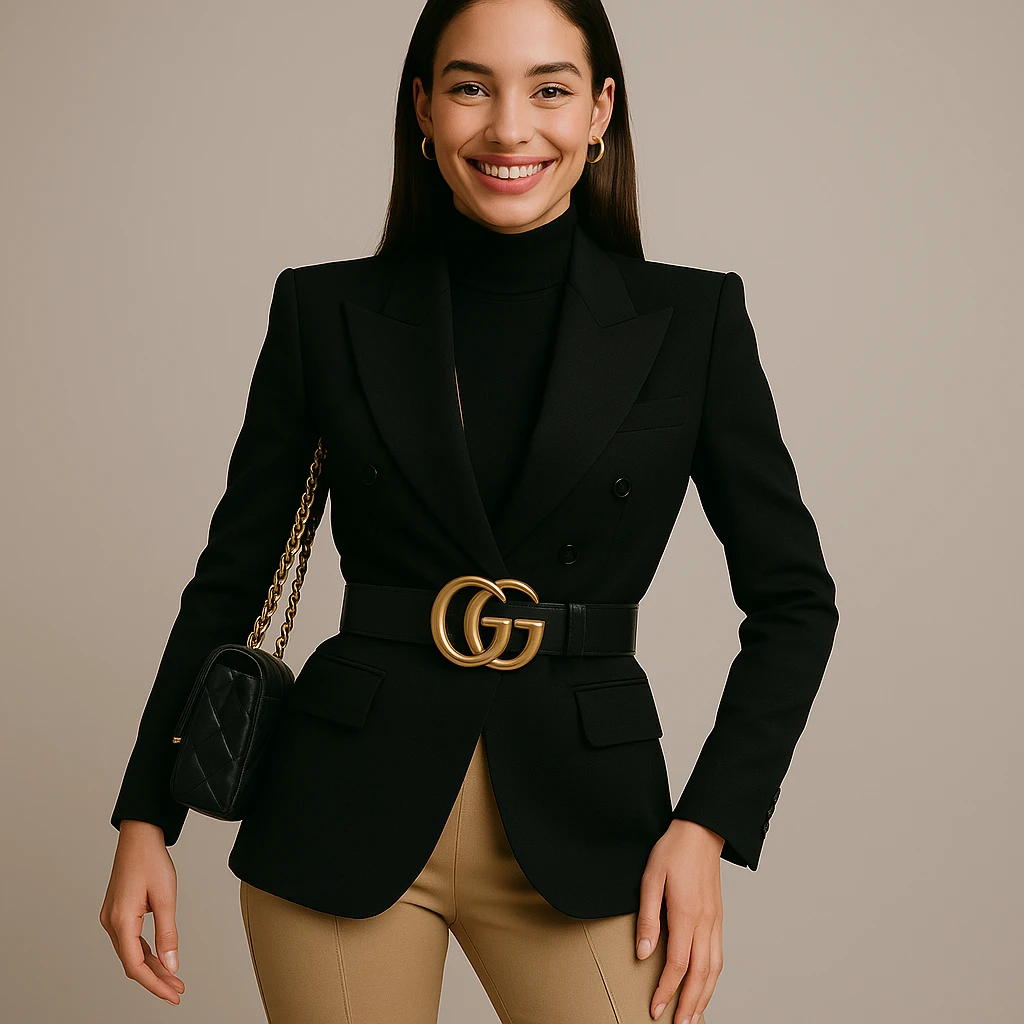 Make the woman smile while keeping her high-fashion look. Maintain thin eyebrows, straight dark hair, big lips, and a shapely figure. Preserve the overall elegance and style of the image. emoji