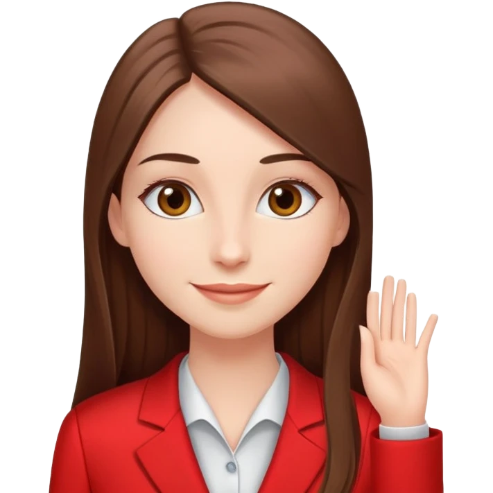 una chica con pelo castaño largo y lacio, pestañas largas, feliz, delgada, con traje clínico rojo emoji