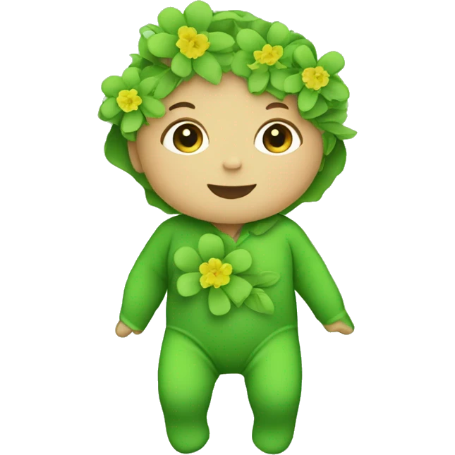 a baby wearing a bodysuit. green flowers, symbolizing ecology and sustainability.  emoji
