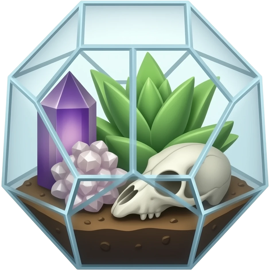 succulent geometrical terrarium with amethyst and rose quartz and marble cluster and animal skull inside emoji