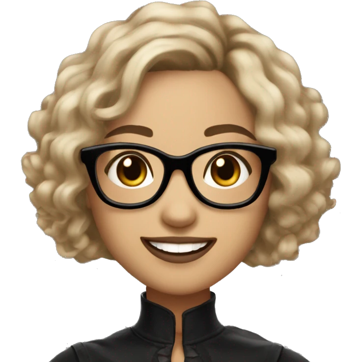 woman with balayage hair and glasses, brown eyes, light skin, big smile and stylish but gothic clothes  emoji