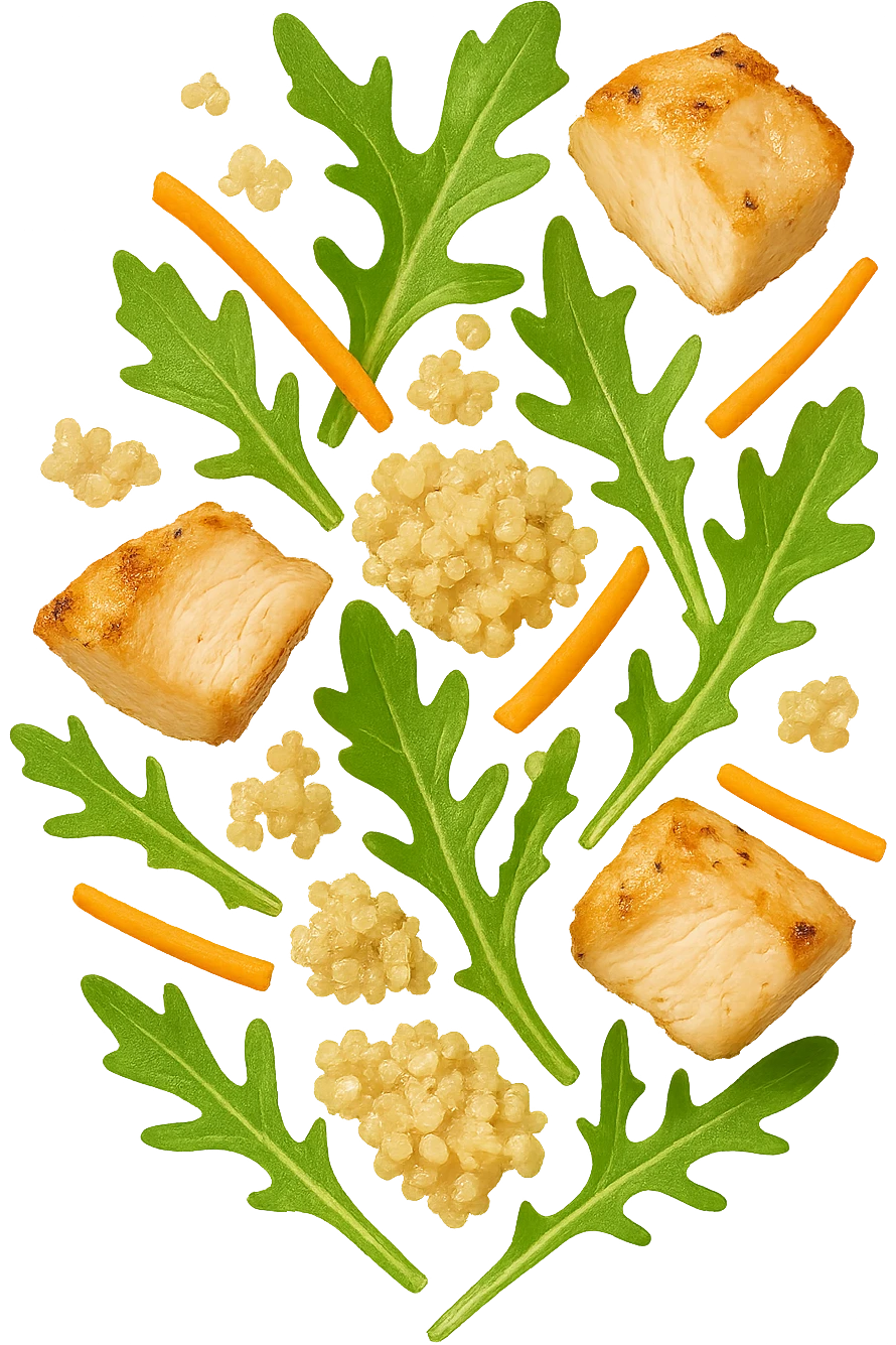 EMOJI STILE IPHONE DI Insalata di quinoa e pollo con rucola e carote che cade verticalmente dall'alto, iperrealistica 4k emoji