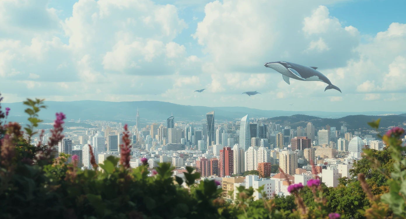 A cinemaatic still of a city, blurred plants in the foreground, giant whales fly above city sky, rolling hills in the background, cinematic depth of field, layered composition, colorfull, blue sky emoji