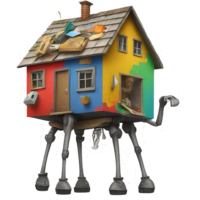 multiple colorful pieces of junk creating a walking house on four tall legs  emoji