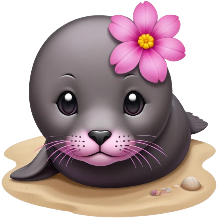 Seal on the beach with the pink flower on the head emoji