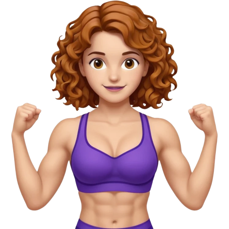 big biceps, muscled torso, very beautiful italian happy girl, looking like Emma Watson, with wavy curly bright hazelnut hair, dressed in violet bra sports outfit, very muscled emoji