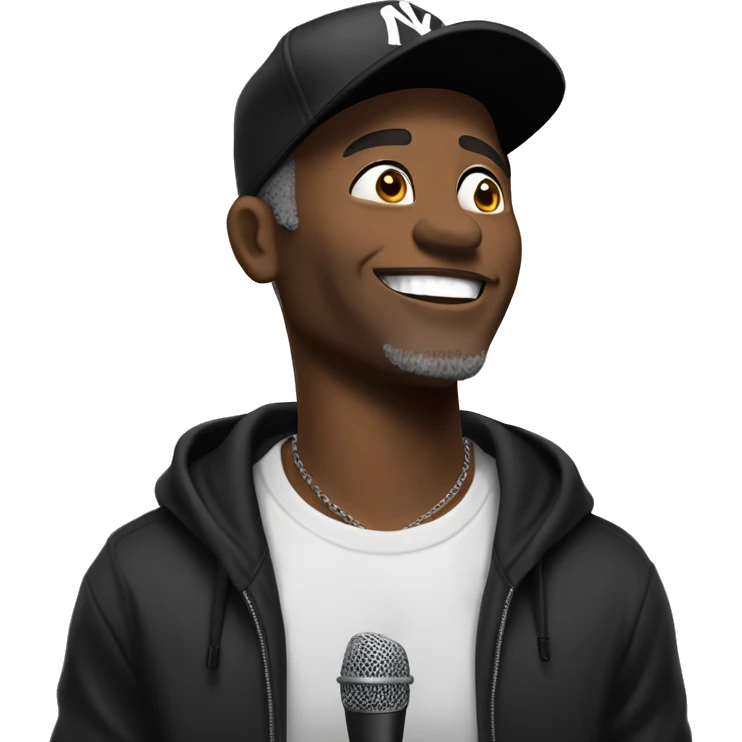 Middle-Aged Black Male In a black hoodie and NY cap, he holds the mic close, gazing upwards with a bright smile. His casual style and confident look capture the spirit of urban music. emoji