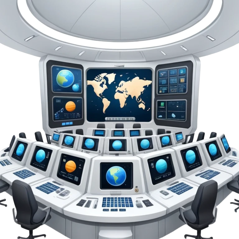 space mission command center with large screens showing spacecraft and planetary data emoji