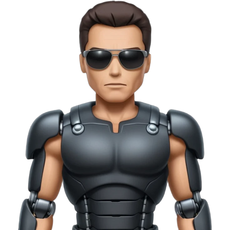 Schwarzenegger-like Terminator, upper body only, wearing his iconic clothes in black (all clothes must be black), looking human but with robotic details, and wearing dark sunglasses, hair must be dark
 emoji