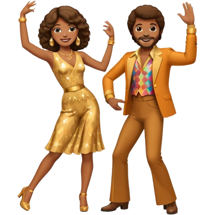 hombre y mujer bailando con ropa de disco de los 70s emoji