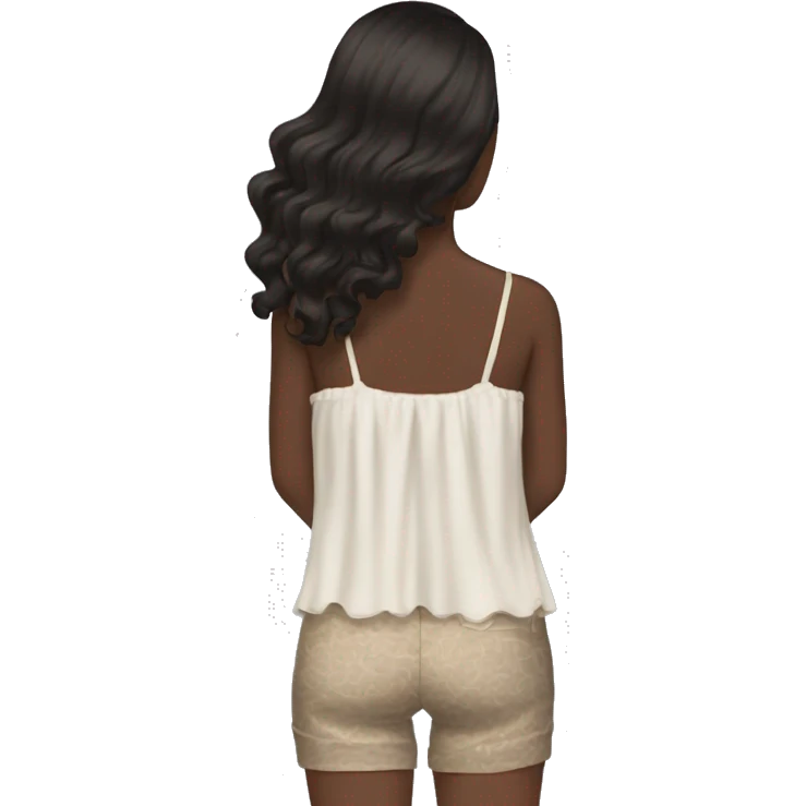 the back side of a brown women, with black hair, wavy long hair,  beach outfit emoji