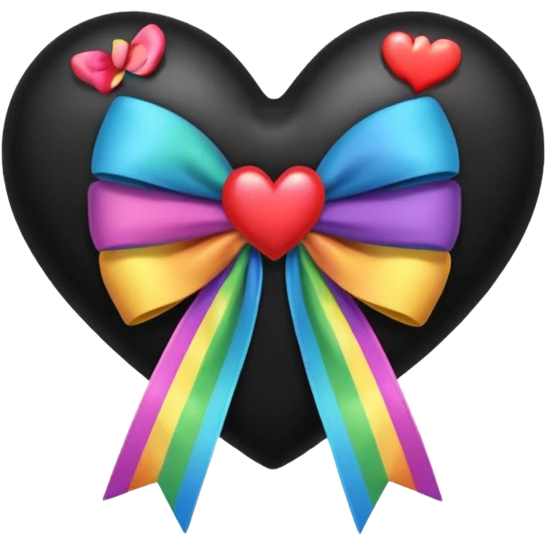 glossy plush black heart with a rainbow bow and heart pattern on the bow emoji