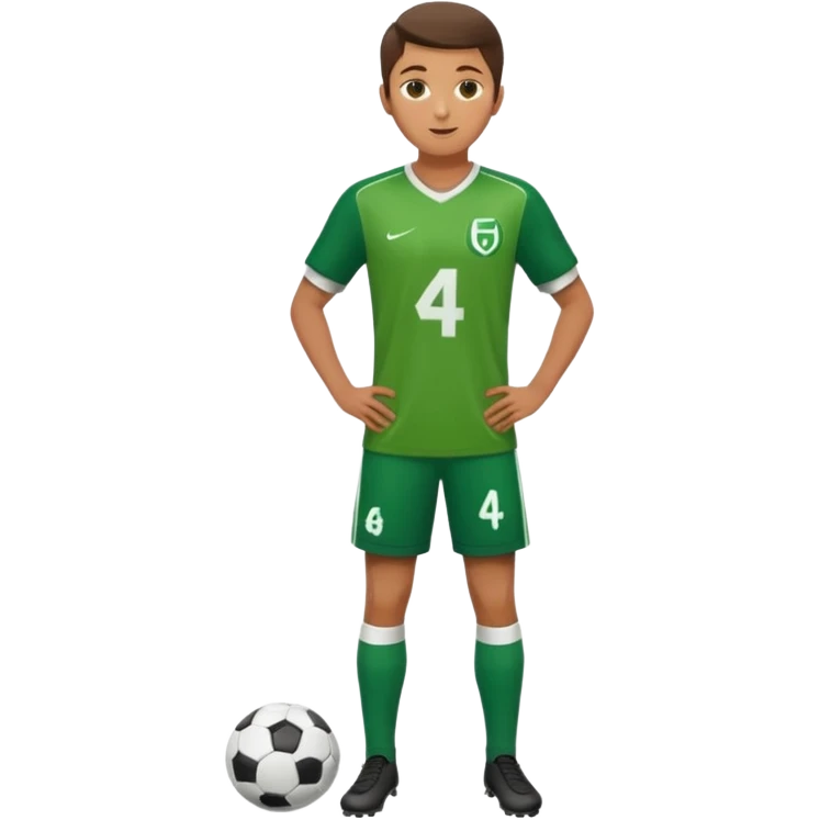 Apple iOS style 20-23 year old soccer player standing full body, green jersey #4, glossy finish emoji