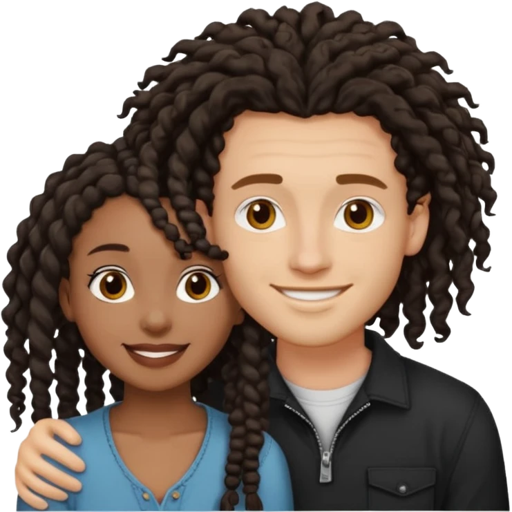 Creamy white boyfriend with medium curly dark brown hair with a dark black girlfriend with shoulder length thin curly dreadlocks emoji