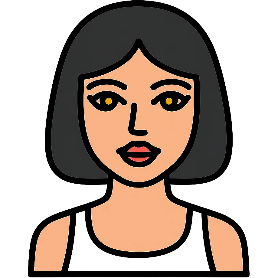 A pretty girl with black straight bob hair. She has hazel eyes with black eyeliner. She has plump red lips. She is wearing a white tank top emoji