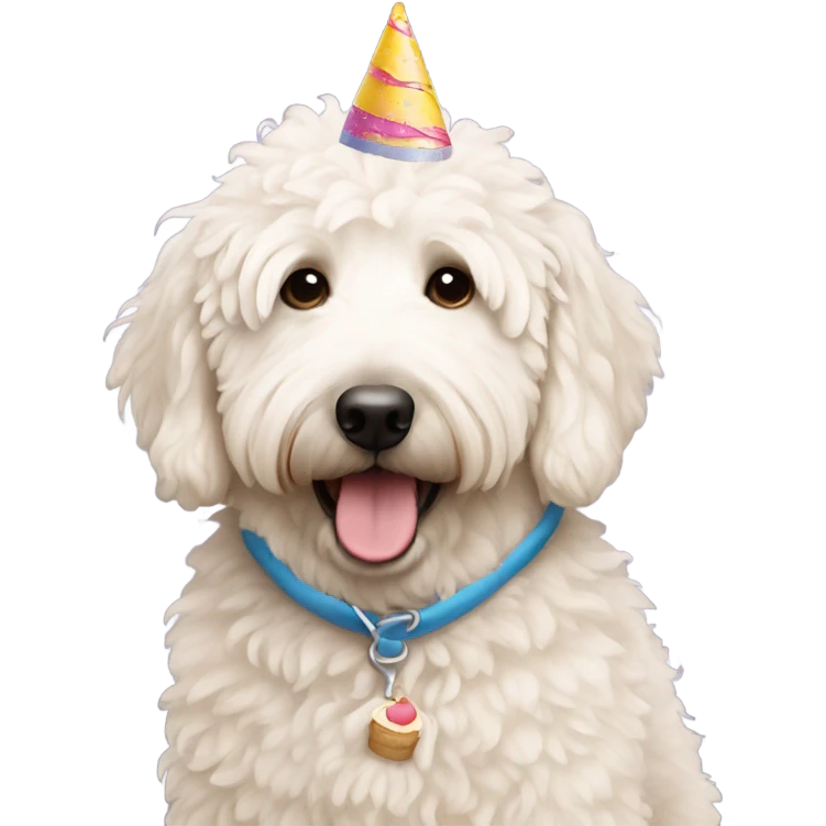 white golden doodle carrying a birthday cake  emoji