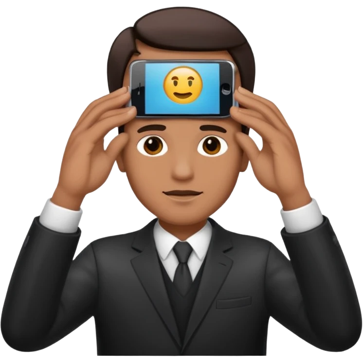 a guy holding 1 smartphone with both hands, smarphone should be horizontal, on top of his forehead emoji