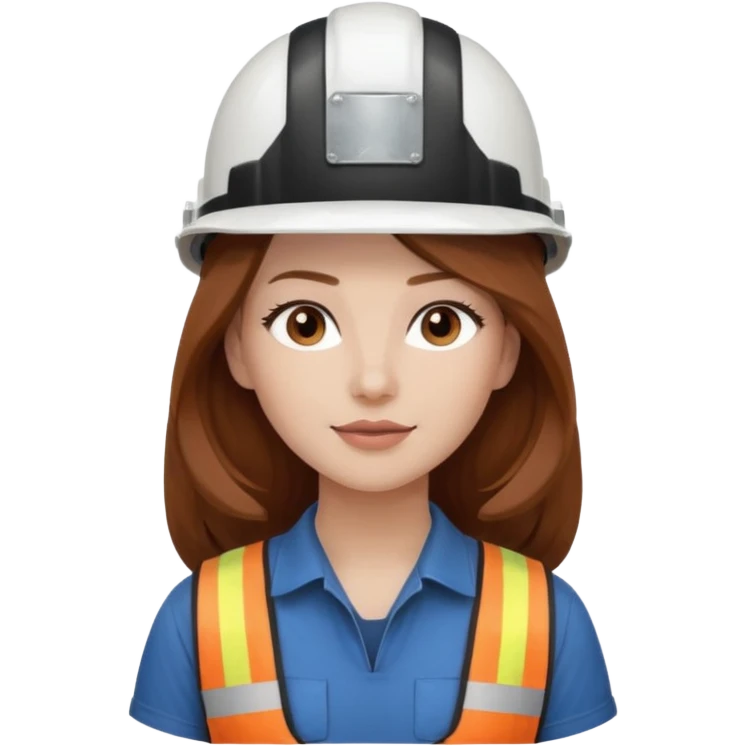 Waist-up girl wearing a white construction helmet. She has on a dark brown t-shirt. Her hair is very long and chestnut-colored. She has brown eyes with light makeup, rosy cheeks, and glossy lips. emoji