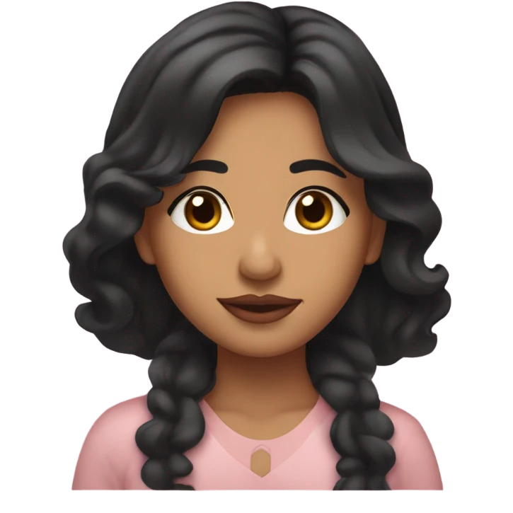 A South Asian girl with skin, black wavy hair between her chin and shoulder and pale pink lips emoji