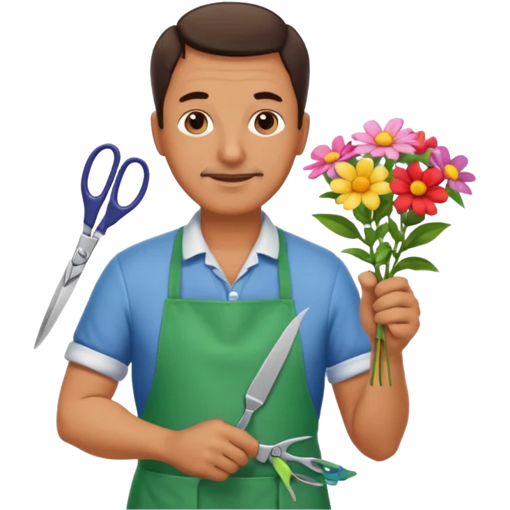 Middle-aged male florist – apron on, trimming stems with scissors emoji
