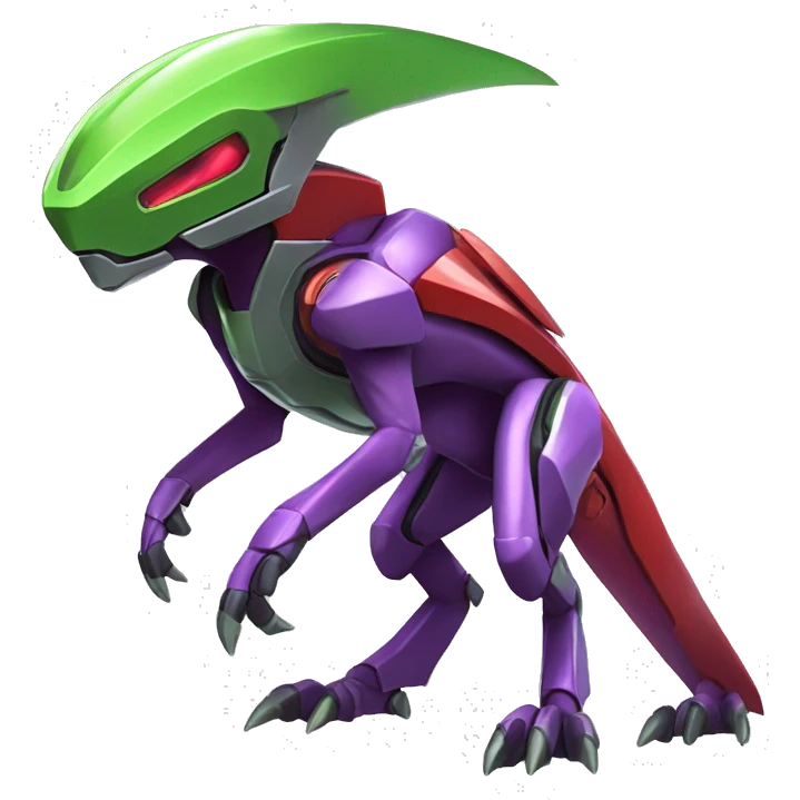 a shiny purple-green-red Genesect-Raptor-Fakémon—hybrid with a futuristic visor-helmet full body emoji