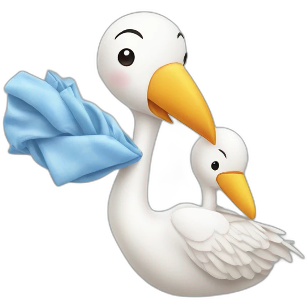 stork delivering a white human baby boy in fabric held in its beak you can see the baby head from the fabric with a smile emoji