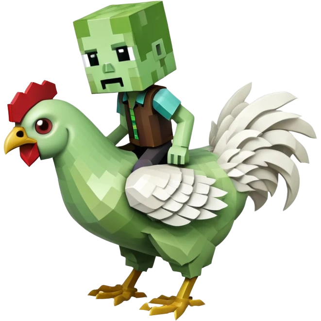 small square-shaped Minecraft zombie riding a small white chicken emoji