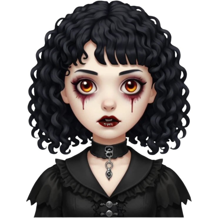 Faça uma mulher zumbi com o cabelo cacheado médio, e uma franja cacheada, cabelo preto e deixe ela meio gótica. emoji