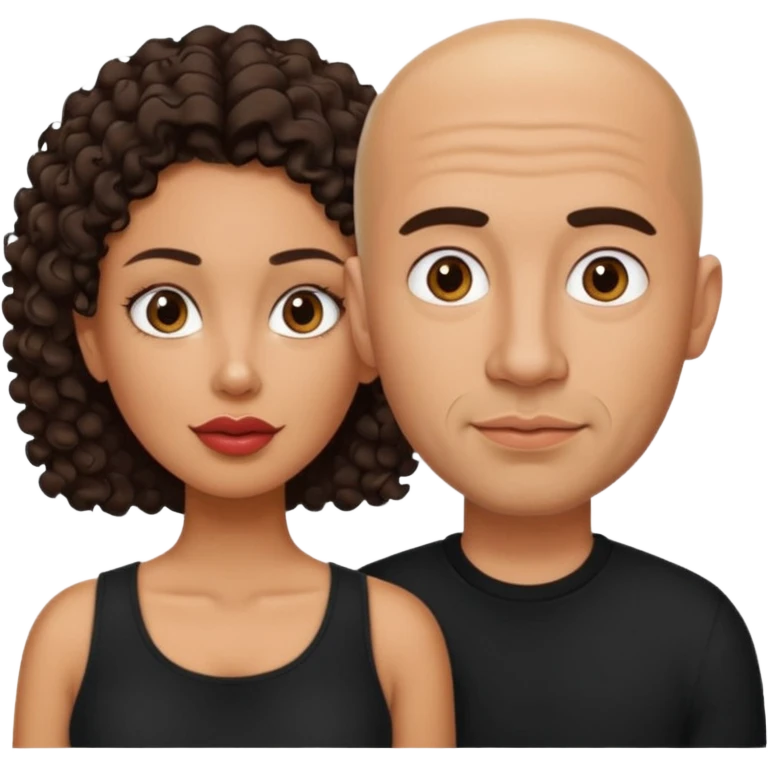 A picture of a tanned couple. the man is a Mexican man with tanned skin, a bald hair cut, short beard and wearing a black shirt. the woman is mixed, with curly medium length hair, with big boobs and lips  emoji
