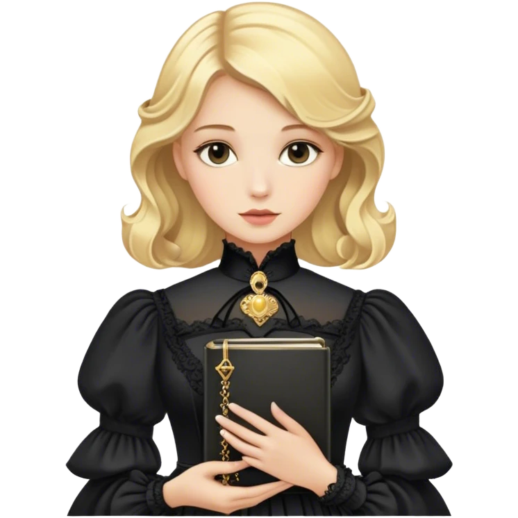 Blonde model wearing a black Victorian gown clutching a golden notebook emoji