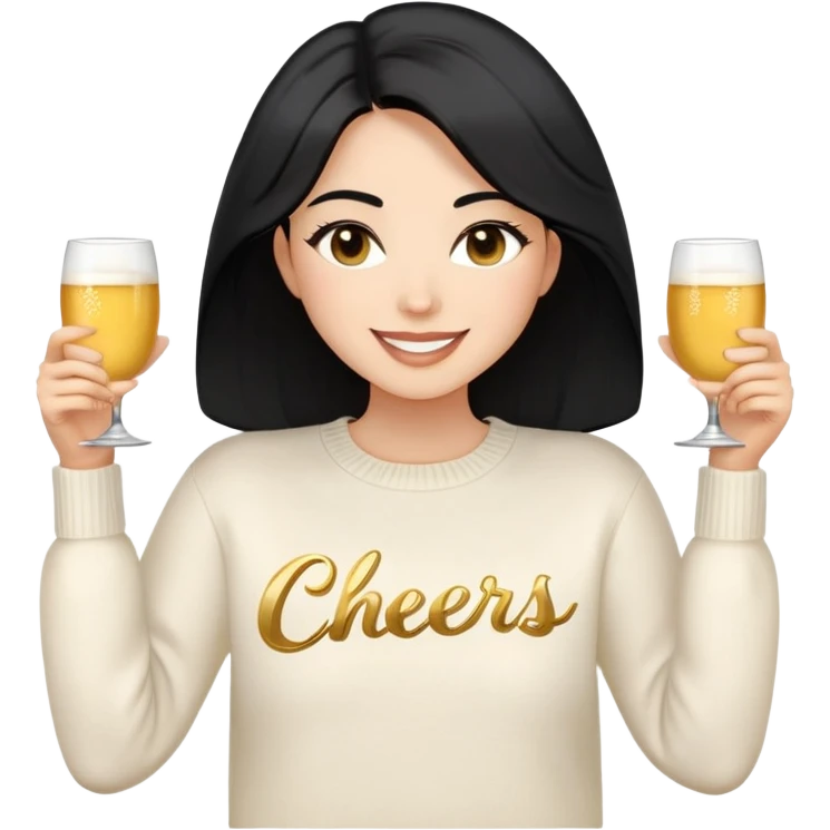 A woman with longer black hair, light to medium skin tone, full cheeks, and almond-shaped eyes, wearing a simple white sweater with the word 'cheers' in gold script, joyful and radiant expression, cheerful, emoji style, just her torso, no hands, no cups. emoji