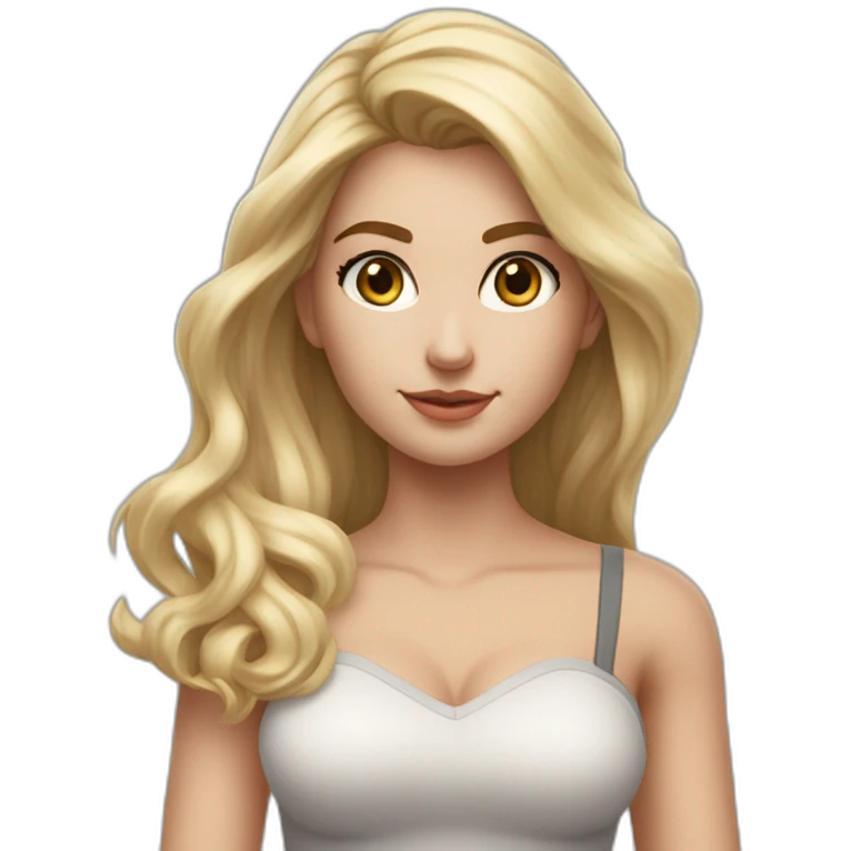 hyperrealistic caucasian long blonde hair brown perfect eyes woman white v-neck strapless top gray tight mini skirt walking towards camera emoji