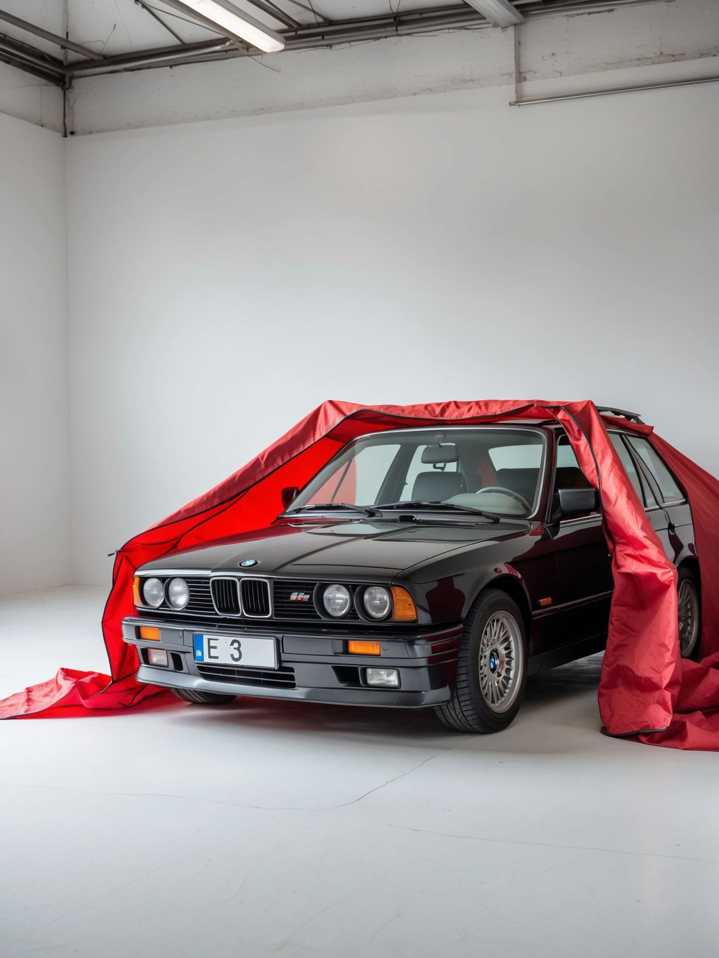 studio photo on a pure white background old black BMW E34 car is visible from under a red tent cover emoji