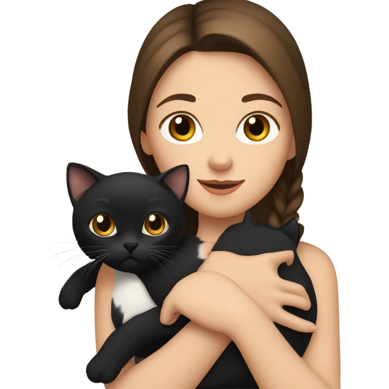 Brunette white girl holding a calico cat and a black cat emoji