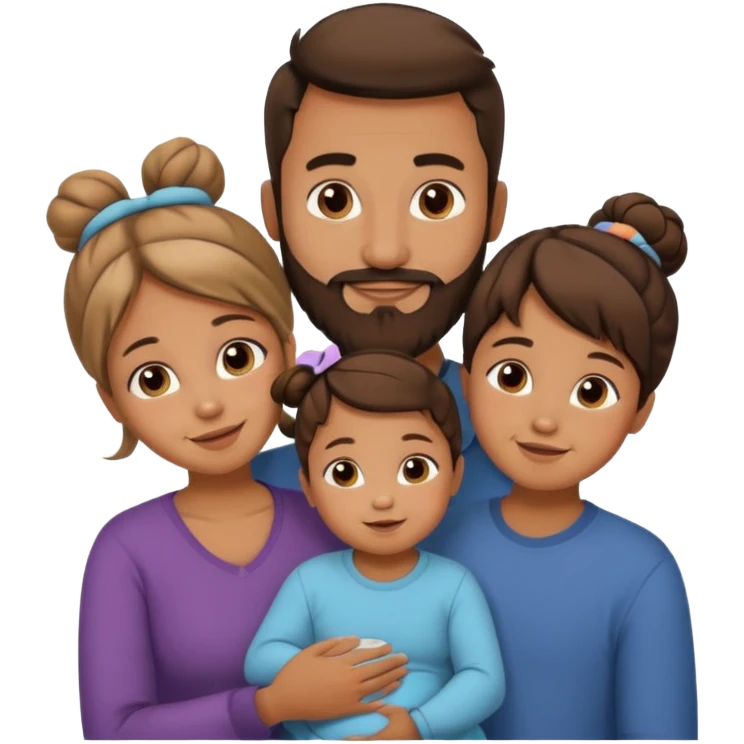 brown family of 5. mom has bun. dad has beard. teenage daughter. toddler son. and baby emoji